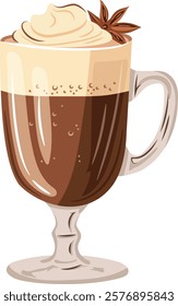 Hot chocolate with whipped cream, anise spices. Vector clipart, illustration with isolated background.