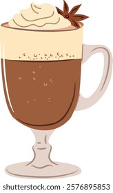 Hot chocolate with whipped cream, anise spices. Vector clipart, illustration with isolated background.