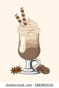 Hot chocolate with whipped cream, cookies and spices and cocoa powder. Winter and autumn time drink dessert. Christmas warm beverage. Vector illustration in flat style on beige background