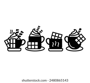 hot chocolate whipped cream drink glass icons symbol vector design black white color simple illustration collection set