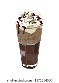 Hot chocolate with whipped cream and chocolate sauce in a tall glass, hand drawn illustration on a transparent background.