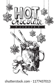 Hot Chocolate, Winter Holiday Hot Drink Illustration. Hand drawn cup of cocoa with marshmallow, festive decoration and gingerbread cookies. Engraved style vector artwork. Good for cafe ads, bar menu