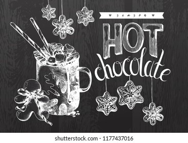 Hot Chocolate, Winter Holiday Hot Drink Illustration. Hand drawn cup of cocoa with marshmallow, festive decoration and gingerbread cookies. Engraved style vector artwork. Good for cafe ads, bar menu