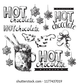 Hot Chocolate, Winter Holiday Hot Drink Illustration. Hand drawn cup of cocoa with marshmallow, festive decoration and gingerbread cookies. Engraved style vector artwork. Good for cafe ads, bar menu