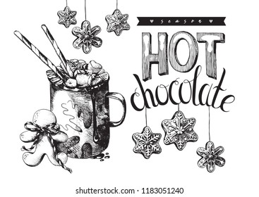 Hot Chocolate, Winter Holiday Hot Drink Illustration. Hand drawn cup of cocoa with marshmallow, festive decoration and gingerbread cookies. Engraved style vector artwork. Good for cafe ads, bar menu