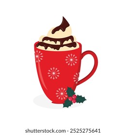 Hot christmas drink with creami and chocolate on a white background.Red cup,Merry christmas themed design.Vector illustration.