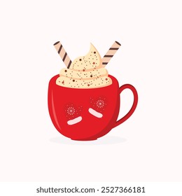 Hot christmas drink with creami on a white background.red cup.Merry christmas themed design.Vector illustration.