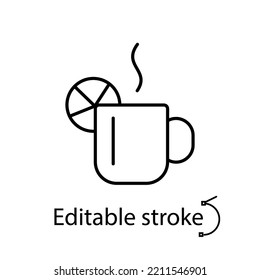 Hot Christmas drink outline icon. Cafe sign. Mulled wine item. Happy new year decoration. Season winter holiday. Customizable linear item. Editable stroke. Isolated vector stock illustration