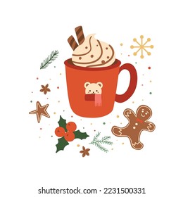 Hot Christmas drink in red cup with coffee, tea, cinnamon, hot chocolate, whipped cream and candy cane, gingerbread, holly. Cute Xmas mug element, New year or winter holiday vector illustration