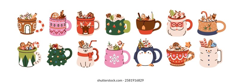 Hot Christmas drinks in cute mugs, set. Sweet cocoa, coffee with cream, cinnamon stick, candy cane, marshmallows. Cozy winter holiday beverage. Flat vector illustration isolated on white background