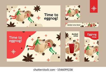 Hot Christmas drinks template bundle Eggnog. Mulled wine. Grog. Cozy cocktail with milk and cinnamon and clove stars. Different breakpoints for social media banners. Vector isolated illustration