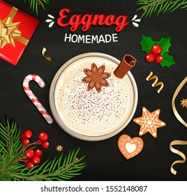 Hot Christmas Eggnog, homemade mulled wine, grog. Cocktail with milk,cinnamon and clove stars. Cozy mug with egg nog surrounded by gift, candy cane, gingerbread, cookie, top view. Vector illustration.