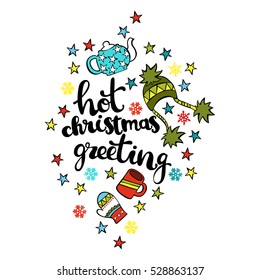Hot Christmas greetings. Knitted cap and mittens. Stars and snowflakes. Isolated vector object on white background.