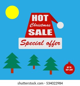 Hot christmas sale banner. Discount poster. Special offer. Red christmas hat on a blue background with christmas trees under the sun and red ball. Vector, eps10.
