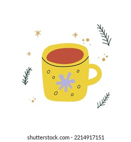 Hot Christmas tea in yellow Cup with snowflake in doodle style.
