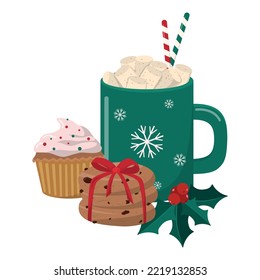 Hot Christmas winter drink with a stack of cookies, cupcake, and holly berries. Isolated on white background, Vector illustration, Merry Christmas themed design.