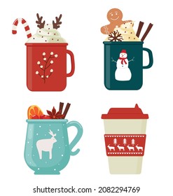 Hot Christmas winter drinks, coffee, mulled wine, cocoa, cinnamon, cream, cookies, marshmallows. Vector illustration.