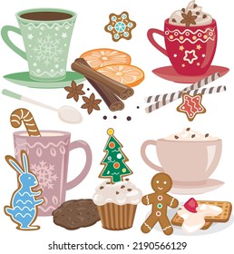 Hot Christmas winter drinks. Cups with coffee, tea with cinnamon, hot chocolate with whipped cream and gingerbreads. Mugs for Xmas, New year or winter holidays