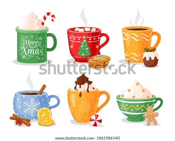 Hot Christmas winter drinks. Cups with coffee,\
tea with cinnamon, hot chocolate with whipped cream and candy cane,\
cocoa with marshmallow, mulled wine. Mugs for Xmas, New year or\
winter holidays