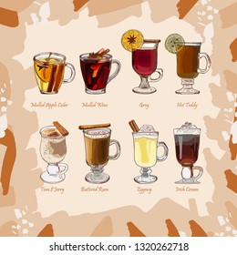 Hot classic cocktails illustration collection. Alcoholic hand drawn set. Bar warm seasonnal winter drink sketch menu. Mulled wine, Groh, Eggnog, Irish Coffee, Cider, Toddy, Tom and Jerry