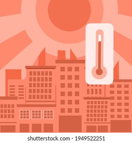 Hot climate in the city with strong sunlight and thermometer in flat design. Hot summer day concept.