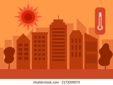 Clima caliente en la ciudad con fuerte luz solar y termómetro en diseño plano. El concepto de los días calurosos de verano.