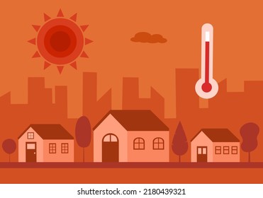 Heisses Klima in der Stadt mit starkem Sonnenlicht und Thermometer in flachem Design. Sommertageskonzept.