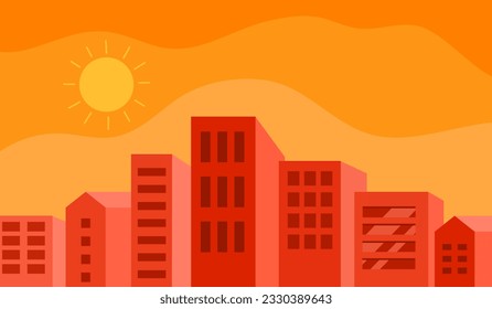 Clima caliente en la ciudad con fuerte luz solar en diseño plano.