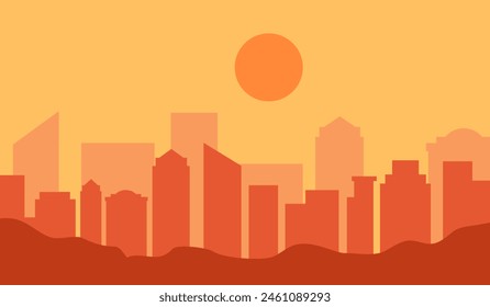 Clima caluroso en la ciudad con fuerte luz solar en diseño plano. Concepto de día de verano caliente.