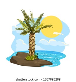 Hot climate for vacation on desert island, deep blue ocean view, palm tree, nature landscape, peace and freedom. Vector summertime holiday design isolated on white background