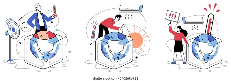 Ilustración vectorial de clima caliente. Los ecosistemas en todo el mundo sienten el impacto de un clima caluroso, lo que requiere medidas urgentes para la restauración El aumento de las temperaturas en todo el mundo es un tema emblemático y profundo de crisis