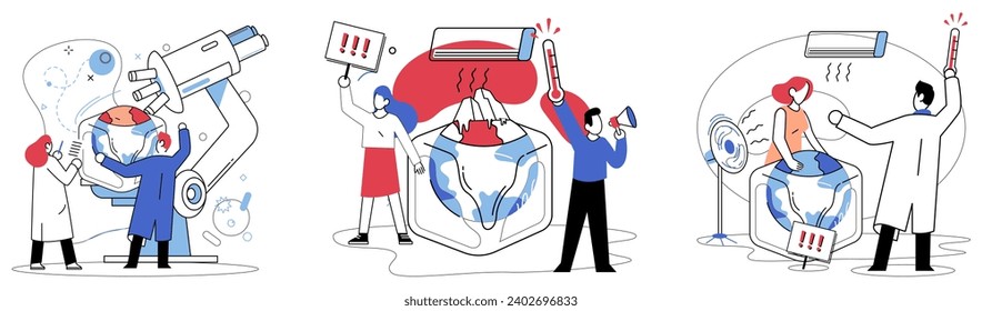 Ilustración vectorial de clima caliente. El fenómeno mundial de la calefacción plantea una amenaza a los ecosistemas, haciendo hincapié en el clima intenso a medida que aumentan las temperaturas, se debilita el latido ecológico, lo que intensifica la urgencia