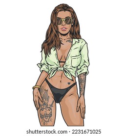 Hot cocky girl colorful label portrait of woman with tattoos in panties and shirt for summer holidays vector illustration