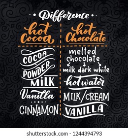 Hot cocoa and hot chocolate difference, hand lettering composition. Hand drawn recipe for Christmas signs, menu, cafe, bar and restaurant. Vector illustration