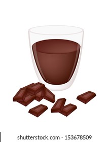 Hot Cocoa or Hot Chocolate in A Glass Cup with Dark Chocolate, Hot Cocoa Is Based on Hot Milk with Chocolate and Sugar 