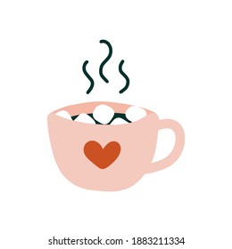 Hot Cocoa chocolate marshmallows drinks with love in Mug. Freehand drawing doodle style. Happy Valentines day decoration elements illustration. Comfort cozy warm relaxation romance Hygge greeting card