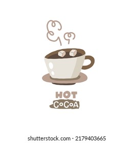 Hot cocoa. Christmas card. Hand drawn illustration in cartoon style. Cute concept for xmas. Illustration for the design postcard, textiles, apparel, decor