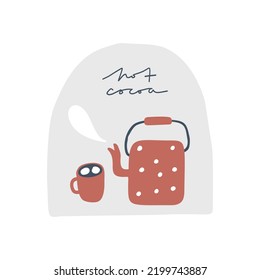 Hot cocoa. Christmas card. Hand drawn illustration in cartoon style. Cute concept for xmas. Illustration for the design postcard, textiles, apparel, decor