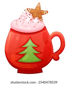 Hot cocoa or coffee drink with cream and gingerbread cookie in Christmas mug. Vector holiday illustration