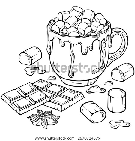 Hot cocoa or coffee with marshmallows, chocolate bar, and star anise. Cozy winter drink composition. Vector illustration in hand drawn doodle sketch style. Line art isolated on white for coloring book