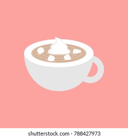 Hot cocoa in cup with mini marshmallows and whipped cream, vector illustration. Light grey mug full of warm chocolate isolated on pink background.