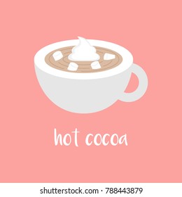 
Hot cocoa in cup with mini marshmallows and whipped cream, vector illustration. Light grey mug full of warm chocolate isolated on pink background with writing hot cocoa.