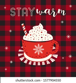 Hot cocoa cup whipped cream flat vector icon. Winter hot drink chocolate cup cartoon. Buffalo plaid snowflakes background. Coffee mug cute design. Cold winter season warm cocoa bar menu illustration