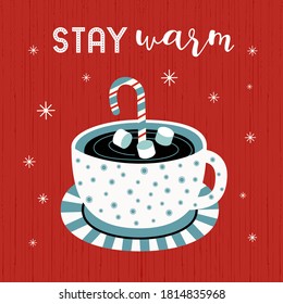 Hot cocoa cup whipped cream vector icon. Winter hot drink chocolate cup cartoon background. Christmas Coffee mug, candy cane cute cartoon design. Cold winter season warm cocoa bar menu illustration