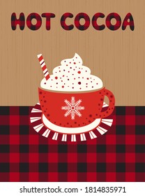 Hot cocoa cup whipped cream flat vector icon. Winter hot drink chocolate cup cartoon. Buffalo plaid background. Coffee mug, candy straw cute design. Cold winter season warm cocoa bar menu illustration