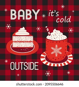 Hot cocoa cup whipped cream vector poster. Winter hot drink chocolate cup, cream cake cartoon. Buffalo plaid snowflakes background. Coffee mug cute design. Cold season warm cocoa bar menu illustration