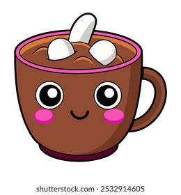 Hot cocoa cute kawaii with marshmallow. Chibi character with funny eyes