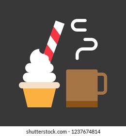 hot cocoa drink and cup cake decorated with candy for christmas food