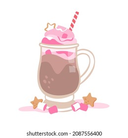Hot cocoa drink with marshmallow vector illustration. Winter drinks illustration in cartoon style.