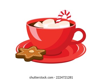 Hot cocoa drink with marshmallows icon vector. Mug of hot chocolate with gingerbread and candy cane vector. Sweet winter drink icon isolated on a white background. Christmas beverage drawing